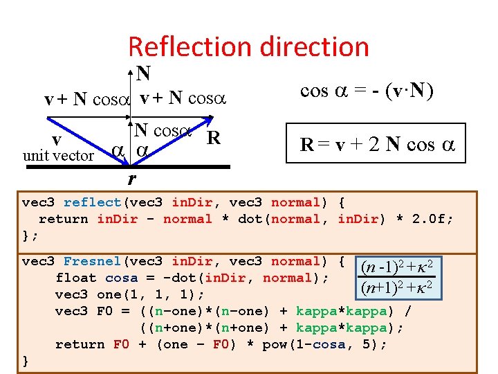 Reflection direction N v + N cosa v unit vector N cosa R a Reflection direction N v + N cosa v unit vector N cosa R a