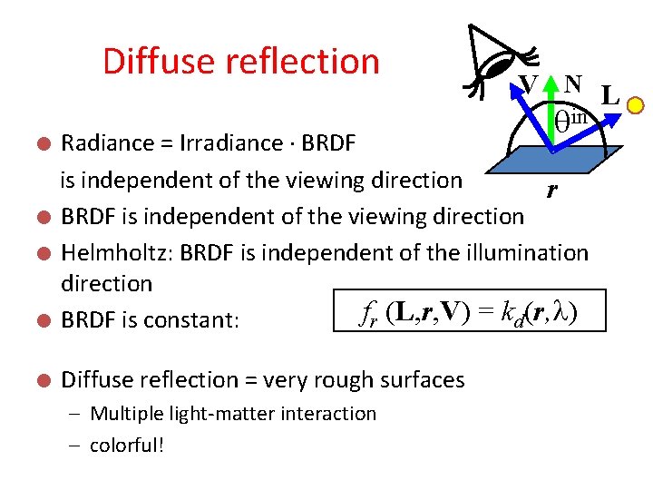 Diffuse reflection V N L in Radiance = Irradiance BRDF is independent of the Diffuse reflection V N L in Radiance = Irradiance BRDF is independent of the
