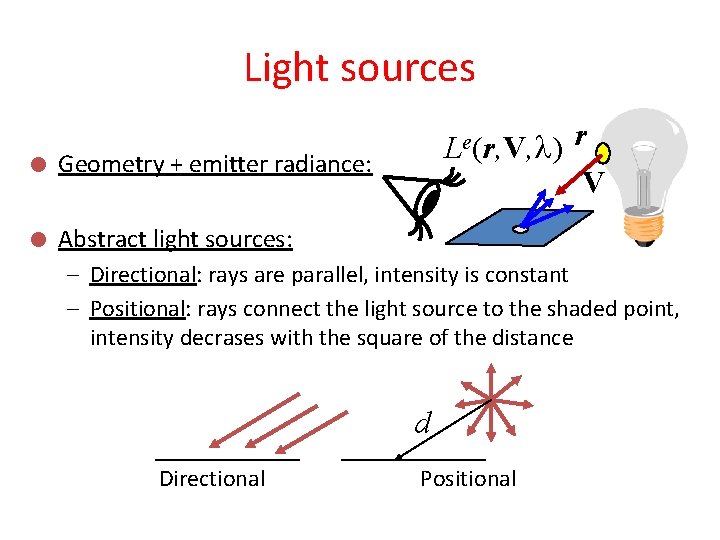 Light sources l Geometry + emitter radiance: l Abstract light sources: Le(r, V, ) Light sources l Geometry + emitter radiance: l Abstract light sources: Le(r, V, )