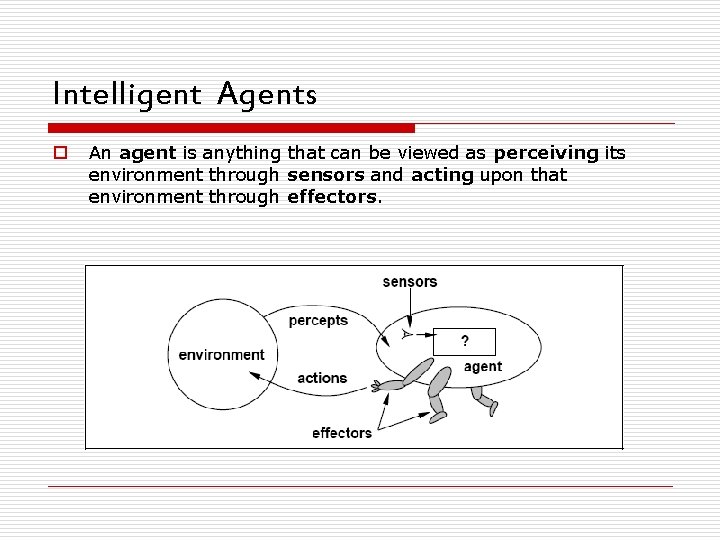 Intelligent Agents o An agent is anything that can be viewed as perceiving its