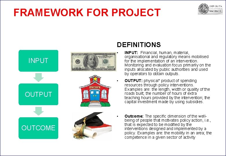 FRAMEWORK FOR PROJECT DEFINITIONS • INPUT: Financial, human, material, organisational and regulatory means mobilised FRAMEWORK FOR PROJECT DEFINITIONS • INPUT: Financial, human, material, organisational and regulatory means mobilised