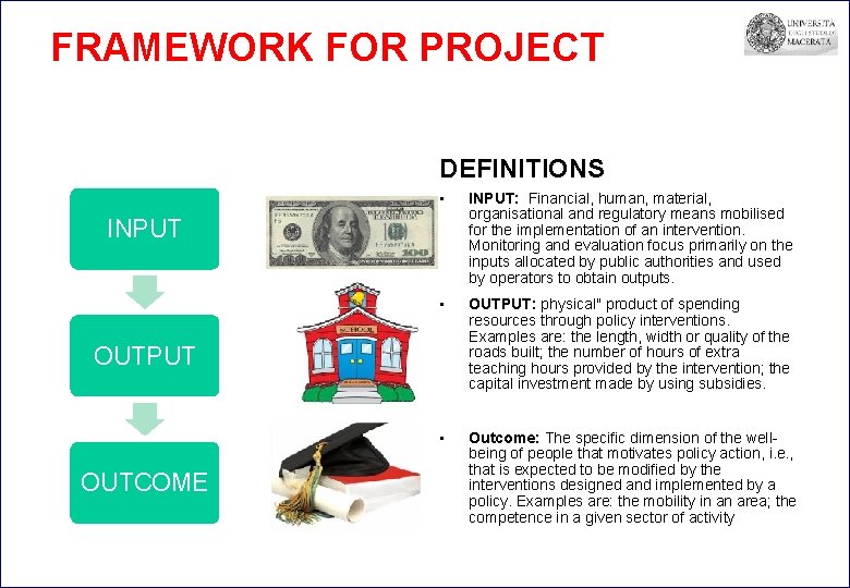 FRAMEWORK FOR PROJECT DEFINITIONS • INPUT: Financial, human, material, organisational and regulatory means mobilised
