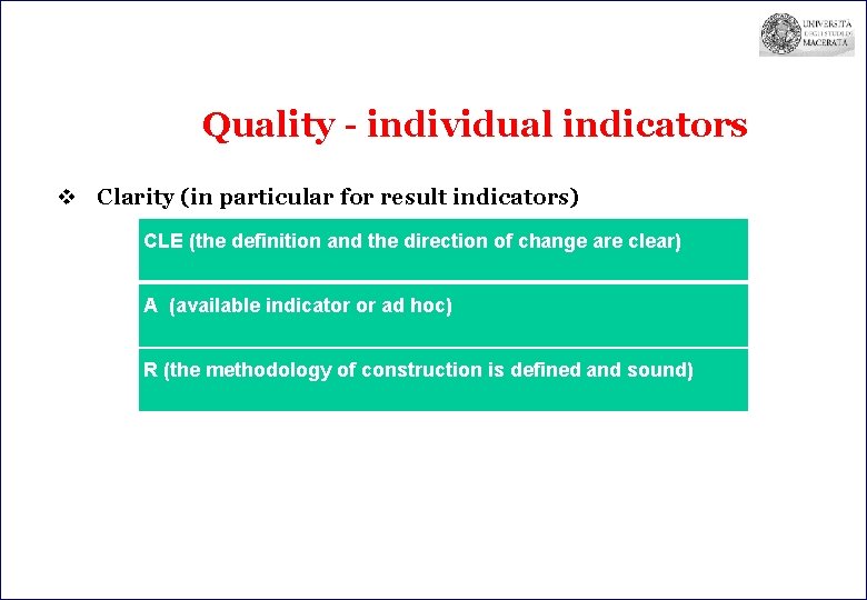 Quality - individual indicators v Clarity (in particular for result indicators) CLE (the definition