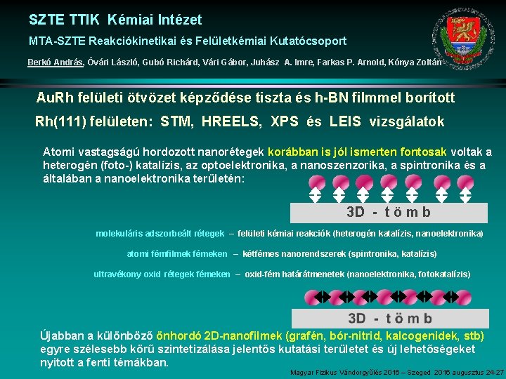 SZTE TTIK Kémiai Intézet MTA-SZTE Reakciókinetikai és Felületkémiai Kutatócsoport Berkó András, Óvári László, Gubó