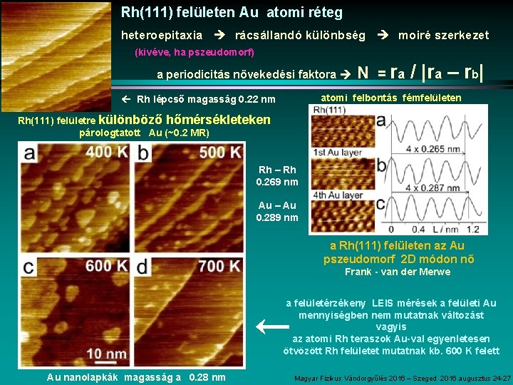 Rh(111) felületen Au atomi réteg heteroepitaxia rácsállandó különbség moiré szerkezet (kivéve, ha pszeudomorf) a