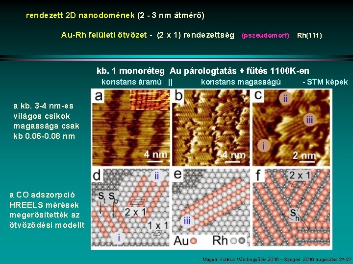 rendezett 2 D nanodomének (2 - 3 nm átmérő) Au-Rh felületi ötvözet - (2