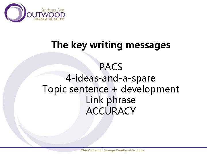 The key writing messages PACS 4 -ideas-and-a-spare Topic sentence + development Link phrase ACCURACY