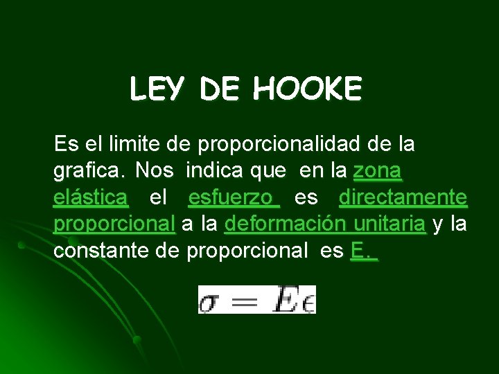 LEY DE HOOKE Es el limite de proporcionalidad de la grafica. Nos indica que