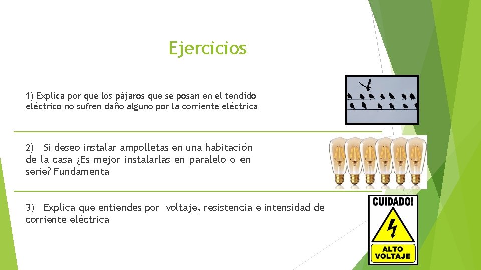 Ejercicios 1) Explica por que los pájaros que se posan en el tendido eléctrico Ejercicios 1) Explica por que los pájaros que se posan en el tendido eléctrico
