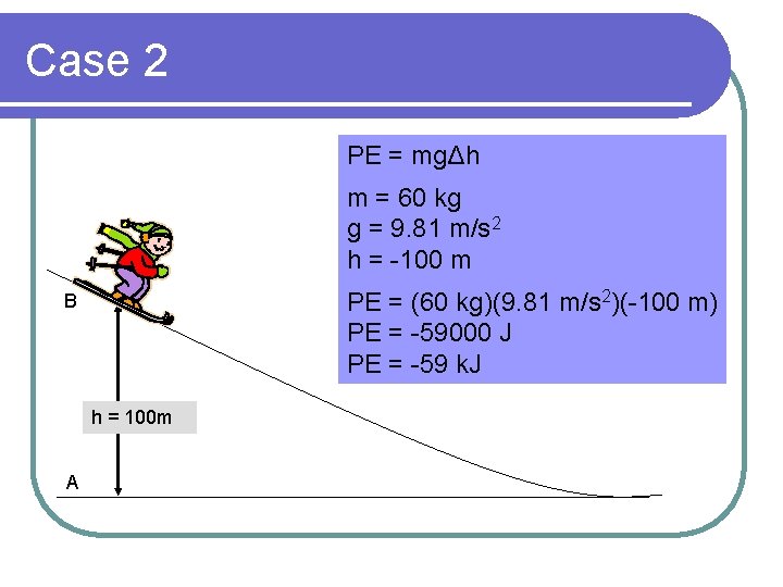 Case 2 PE = mgΔh m = 60 kg g = 9. 81 m/s