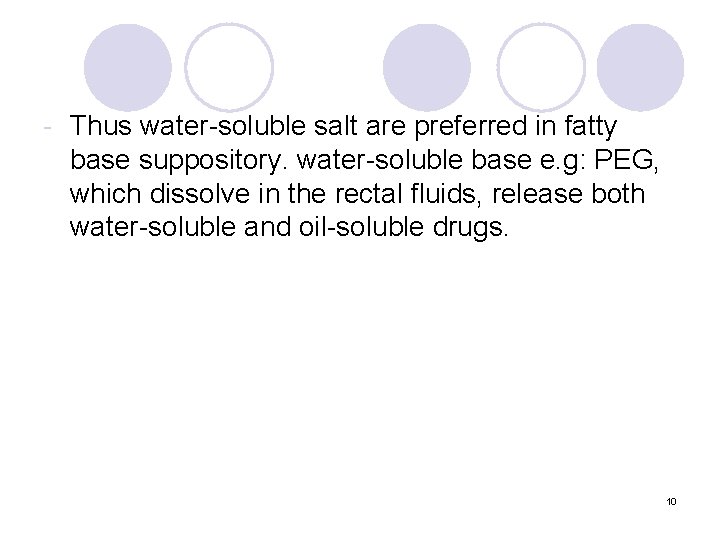 - Thus water-soluble salt are preferred in fatty base suppository. water-soluble base e. g: