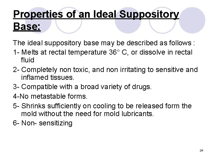 Properties of an Ideal Suppository Base: The ideal suppository base may be described as
