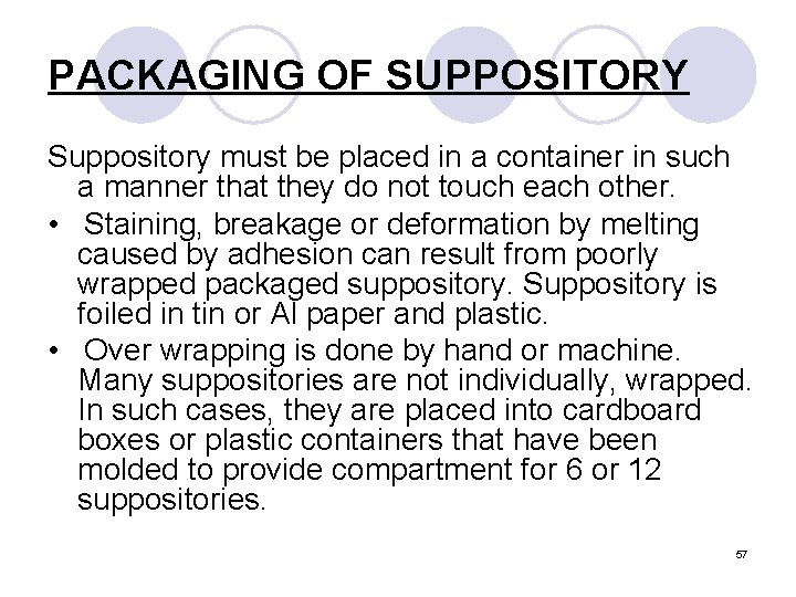 PACKAGING OF SUPPOSITORY Suppository must be placed in a container in such a manner