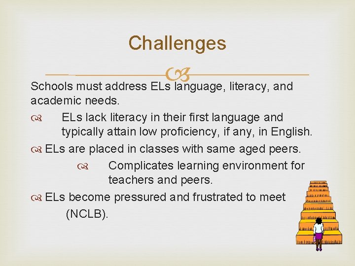 Challenges Schools must address ELs language, literacy, and academic needs. ELs lack literacy in