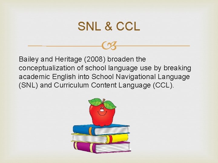 SNL & CCL Bailey and Heritage (2008) broaden the conceptualization of school language use