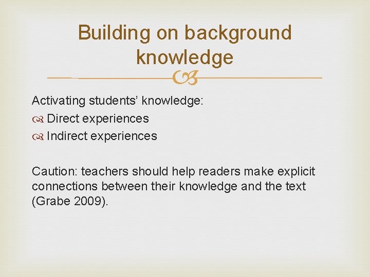 Building on background knowledge Activating students’ knowledge: Direct experiences Indirect experiences Caution: teachers should