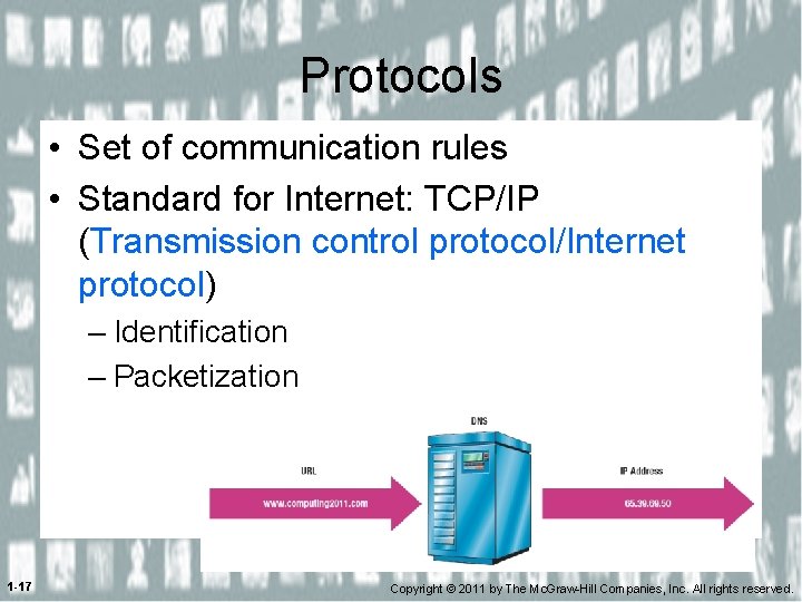 Protocols • Set of communication rules • Standard for Internet: TCP/IP (Transmission control protocol/Internet