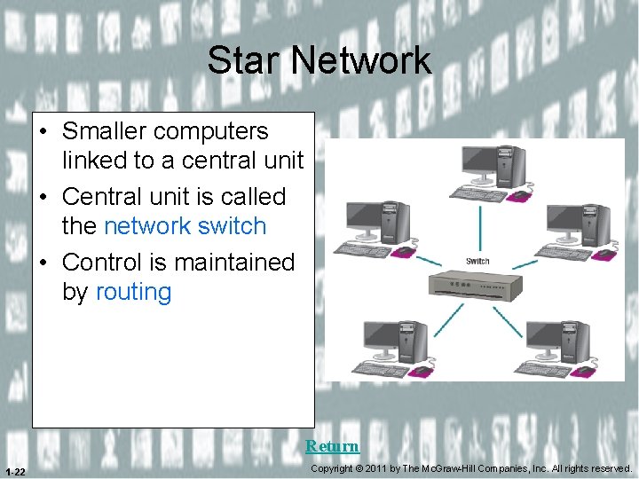 Star Network • Smaller computers linked to a central unit • Central unit is