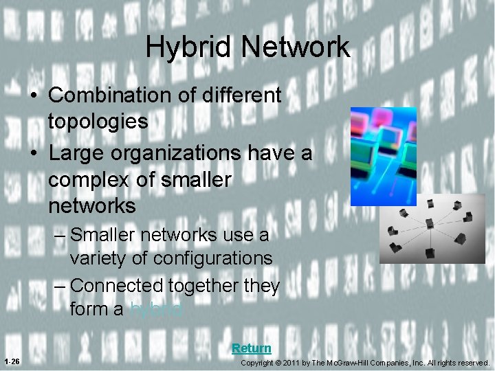 Hybrid Network • Combination of different topologies • Large organizations have a complex of