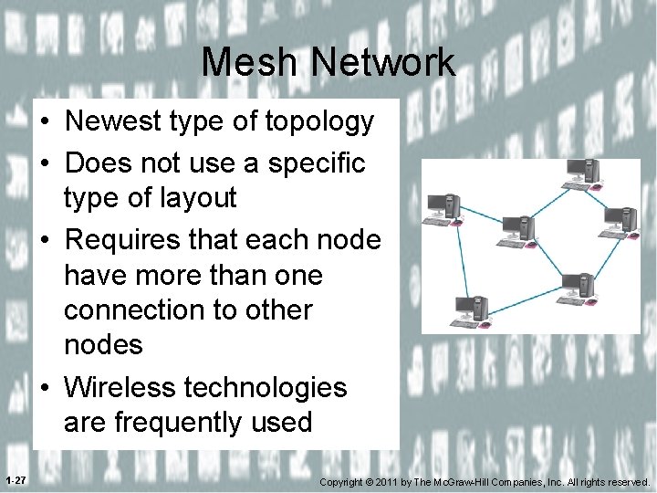 Mesh Network • Newest type of topology • Does not use a specific type