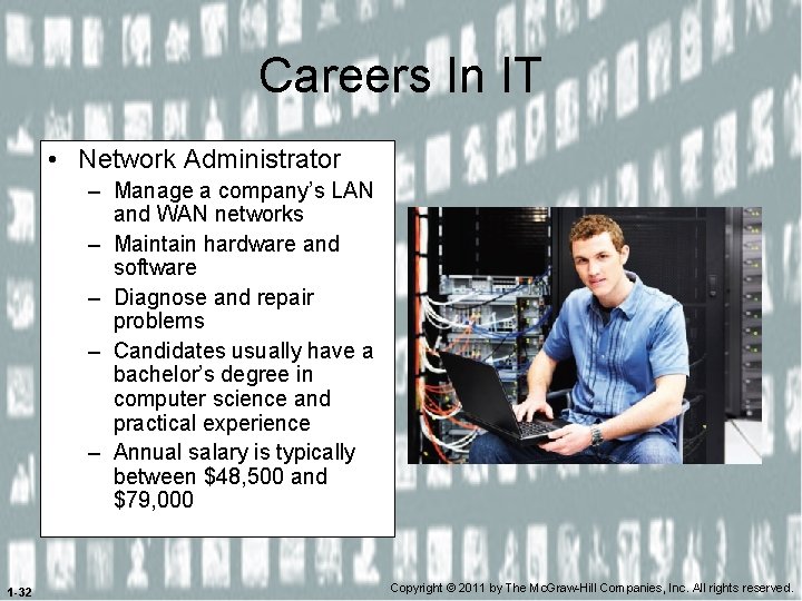 Careers In IT • Network Administrator – Manage a company’s LAN and WAN networks