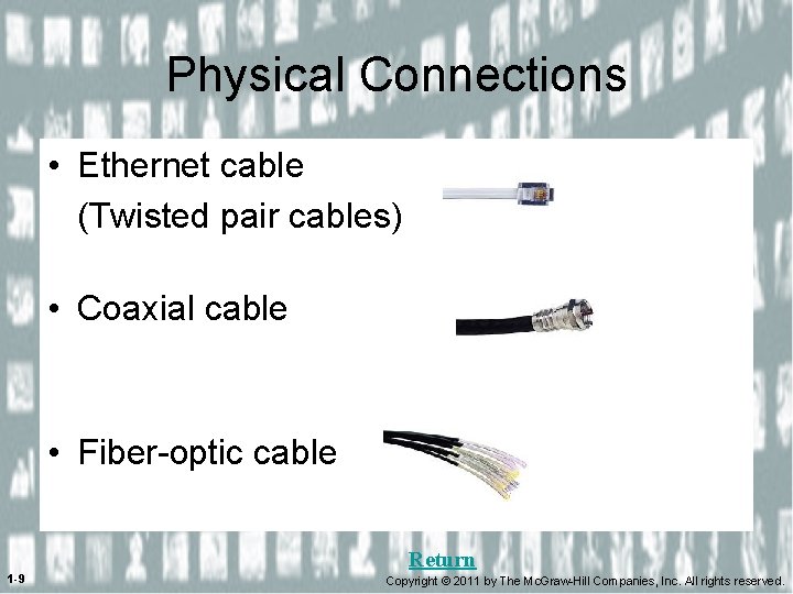 Physical Connections • Ethernet cable (Twisted pair cables) • Coaxial cable • Fiber-optic cable