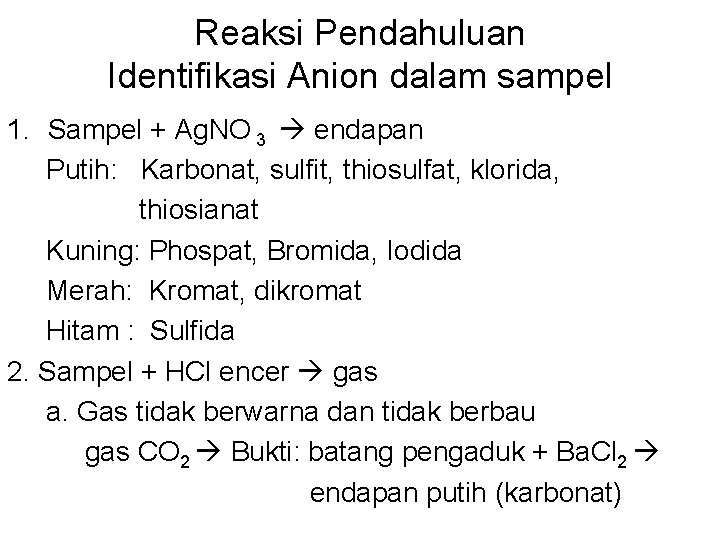Reaksi Pendahuluan Identifikasi Anion dalam sampel 1. Sampel + Ag. NO 3 endapan Putih:
