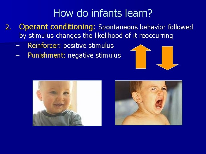 How do infants learn? 2. Operant conditioning: Spontaneous behavior followed by stimulus changes the