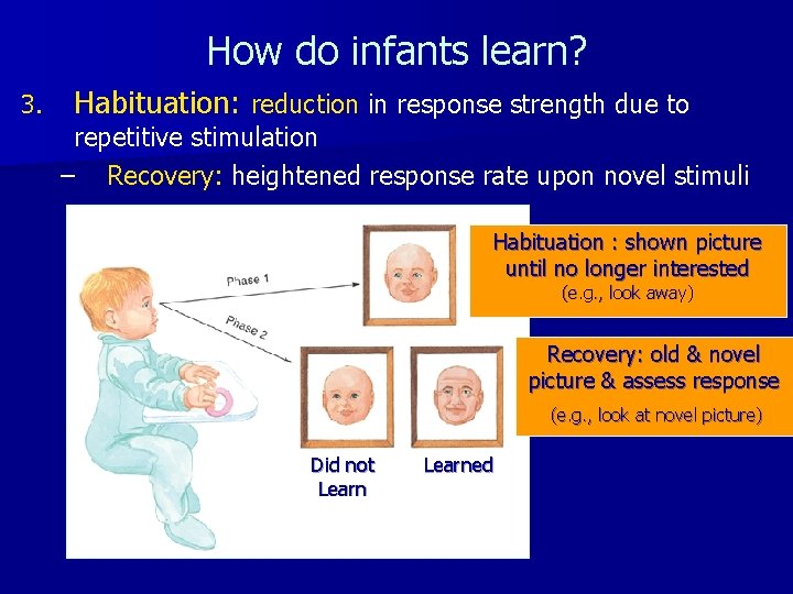 How do infants learn? 3. Habituation: reduction in response strength due to repetitive stimulation
