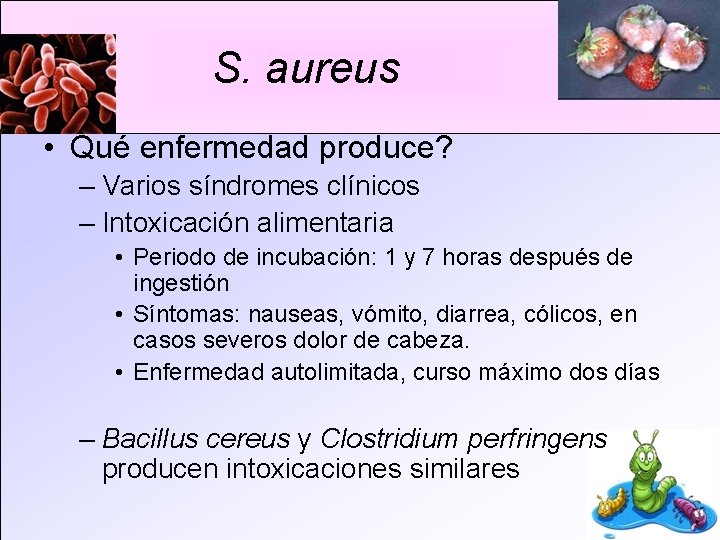 S. aureus • Qué enfermedad produce? – Varios síndromes clínicos – Intoxicación alimentaria •