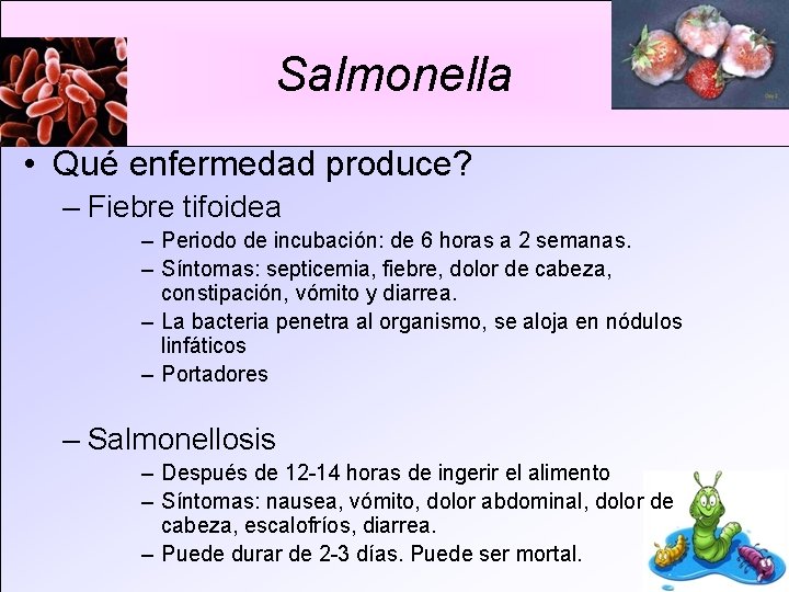 Salmonella • Qué enfermedad produce? – Fiebre tifoidea – Periodo de incubación: de 6