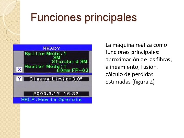 Funciones principales La máquina realiza como funciones principales: aproximación de las fibras, alineamiento, fusión,
