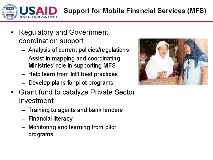 Support for Mobile Financial Services (MFS) • Regulatory and Government coordination support – Analysis