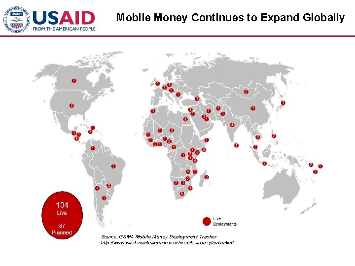 Mobile Money Continues to Expand Globally Source: GSMA Mobile Money Deployment Tracker http: //www.
