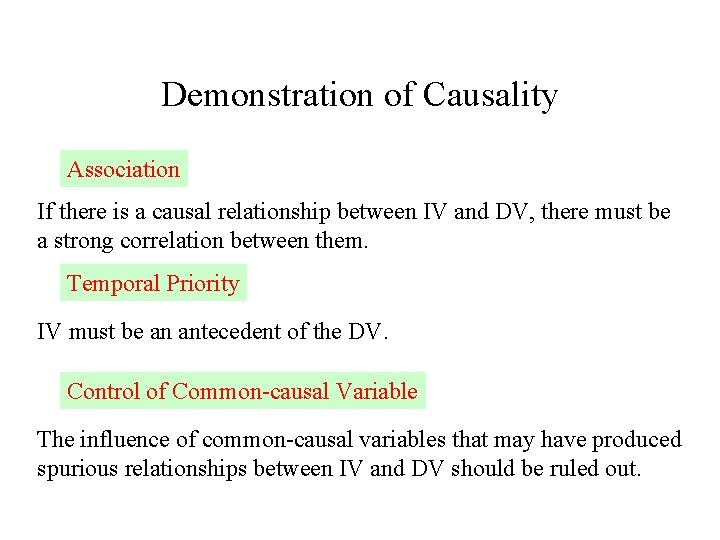 Demonstration of Causality Association If there is a causal relationship between IV and DV,