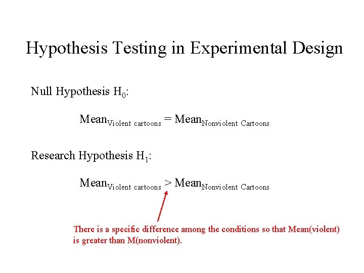 Hypothesis Testing in Experimental Design Null Hypothesis H 0: Mean. Violent cartoons = Mean.