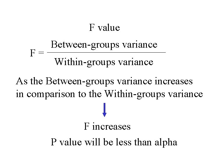 F value F= Between-groups variance Within-groups variance As the Between-groups variance increases in comparison