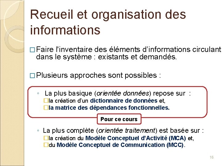 Recueil et organisation des informations � Faire l'inventaire des éléments d’informations circulant dans le