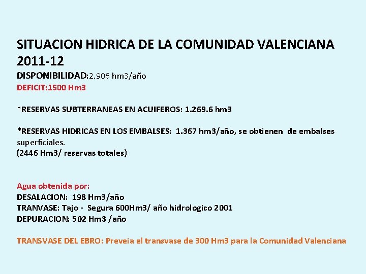 SITUACION HIDRICA DE LA COMUNIDAD VALENCIANA 2011 -12 DISPONIBILIDAD: 2. 906 hm 3/año DEFICIT:
