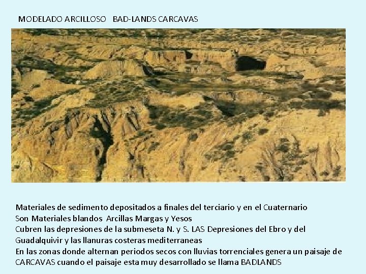 MODELADO ARCILLOSO BAD-LANDS CARCAVAS Materiales de sedimento depositados a finales del terciario y en