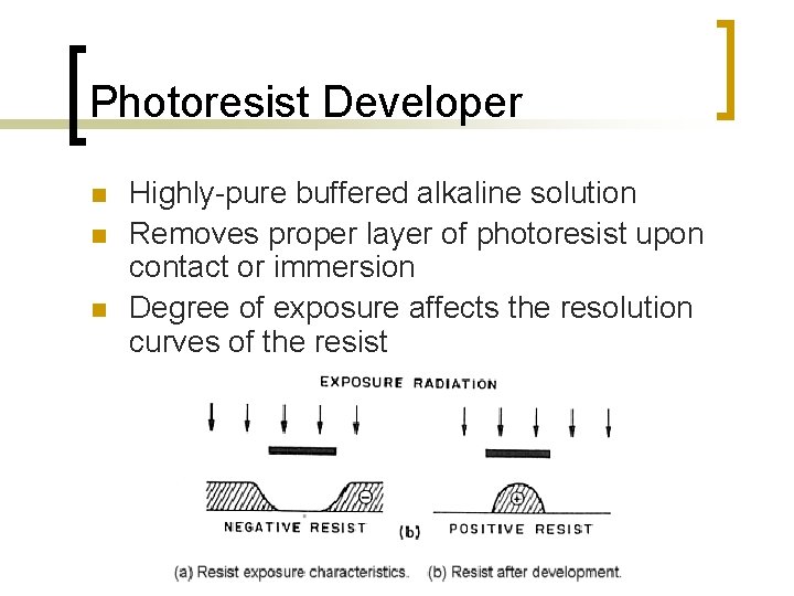 Photoresist Developer n n n Highly-pure buffered alkaline solution Removes proper layer of photoresist Photoresist Developer n n n Highly-pure buffered alkaline solution Removes proper layer of photoresist