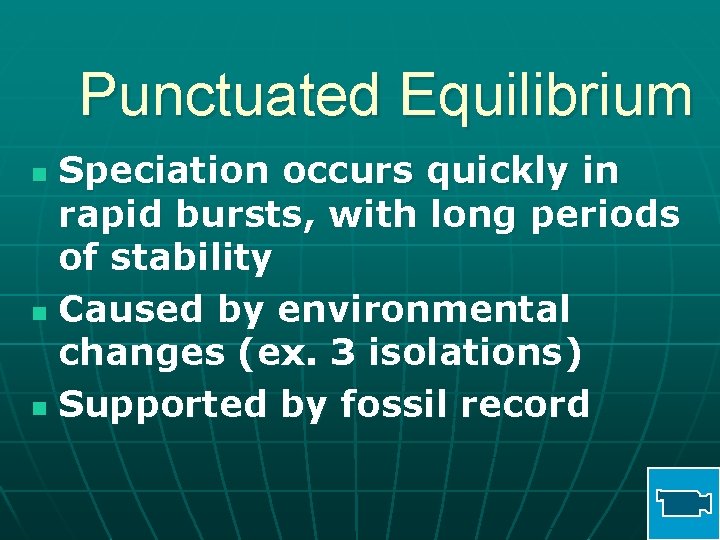 Punctuated Equilibrium Speciation occurs quickly in rapid bursts, with long periods of stability n