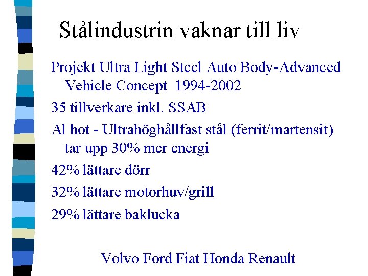 Stålindustrin vaknar till liv Projekt Ultra Light Steel Auto Body-Advanced Vehicle Concept 1994 -2002