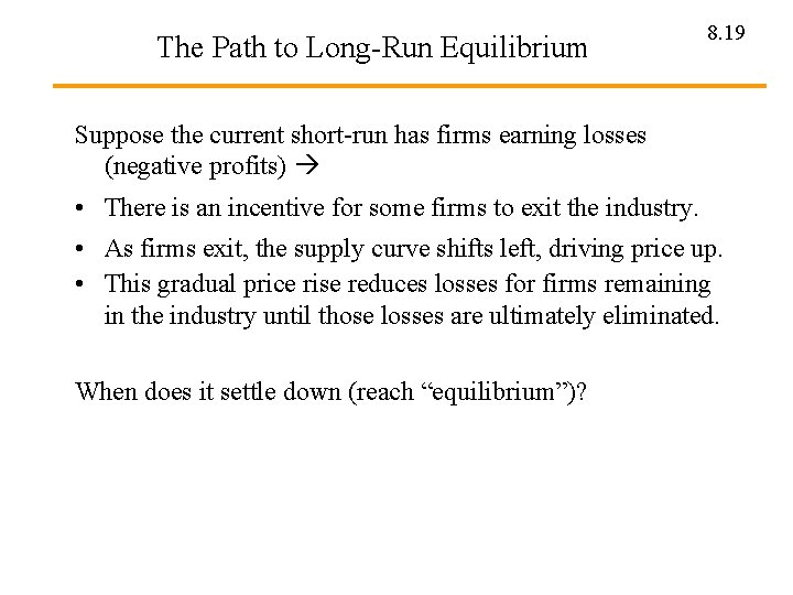 The Path to Long-Run Equilibrium 8. 19 Suppose the current short-run has firms earning