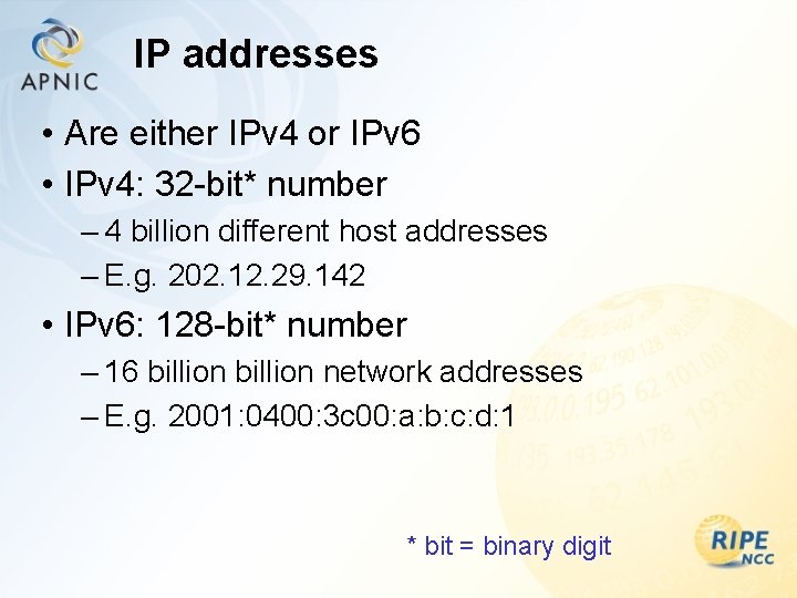 IP addresses • Are either IPv 4 or IPv 6 • IPv 4: 32