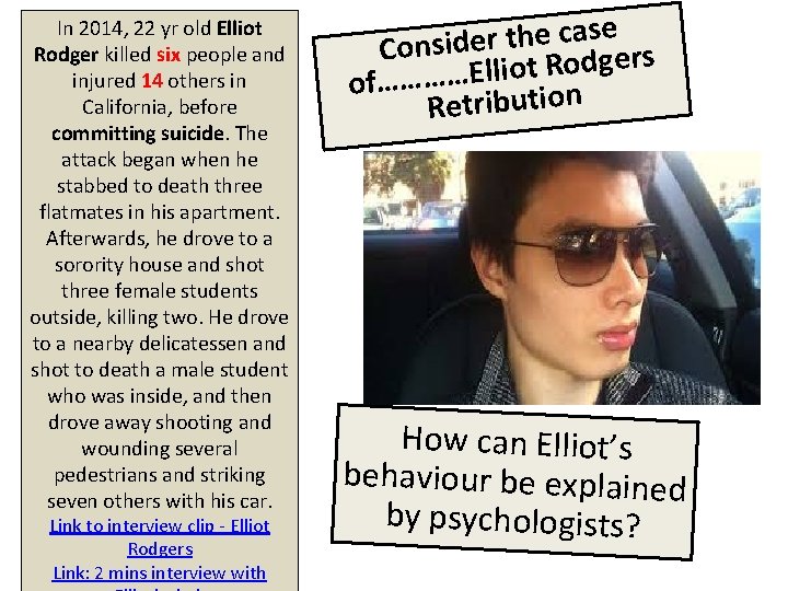 In 2014, 22 yr old Elliot Rodger killed six people and injured 14 others