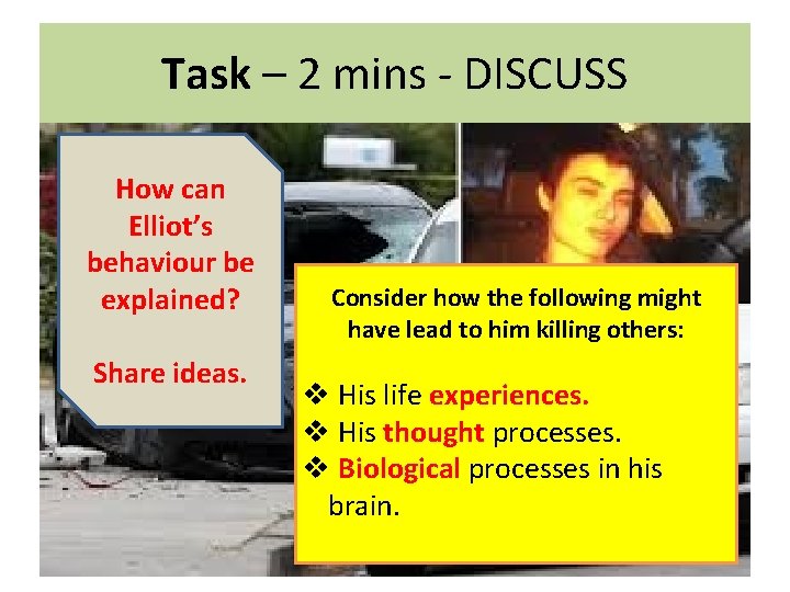 Task – 2 mins - DISCUSS How can Elliot’s behaviour be explained? Share ideas.