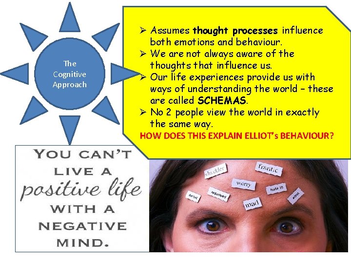 The Cognitive Approach Ø Assumes thought processes influence both emotions and behaviour. Ø We