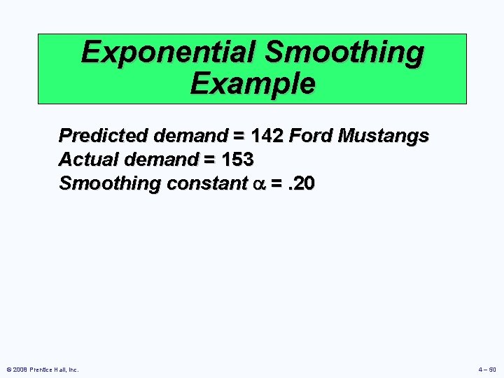 Exponential Smoothing Example Predicted demand = 142 Ford Mustangs Actual demand = 153 Smoothing