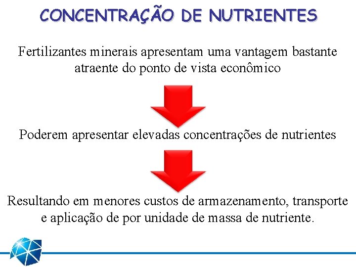 CONCENTRAÇÃO DE NUTRIENTES Fertilizantes minerais apresentam uma vantagem bastante atraente do ponto de vista